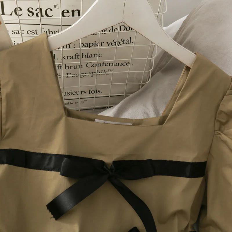 

Square neck bubble sleeve exposed clavicle bow tie dress women's summer 2020 French niche slim skirt