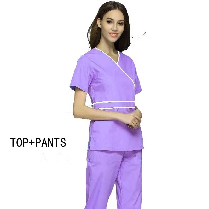 light purple set Женская мода скраб набор макет обернуть топ с завязкой сзади+ эластичные талии брюки - Цвет: light purple set