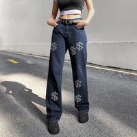 streetwear korean new style womens pants retro black dollar hot rhinestone high waist straight jeans draping casual pants