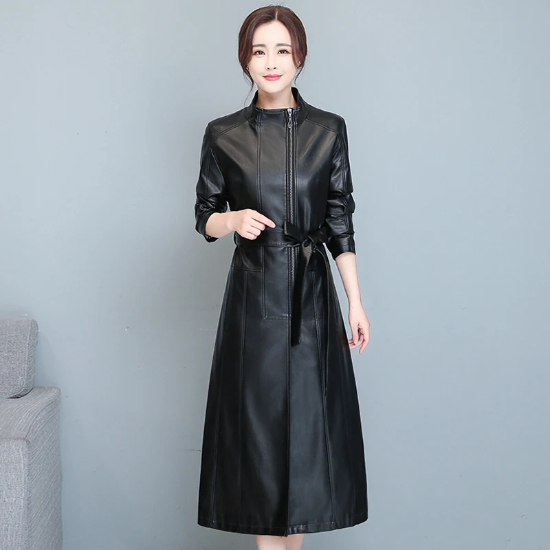 Женский Длинный кожаный тренчкот X-long черное кожаное пальто с поясом Осень-зима