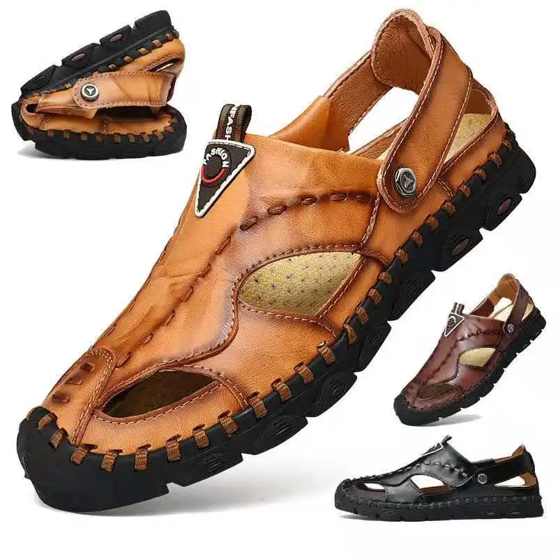 ?? カルメ猫夏革スエード通気性の手作りサンダル1デュアルusebeach靴スリッパ男性の大サイズ38-46