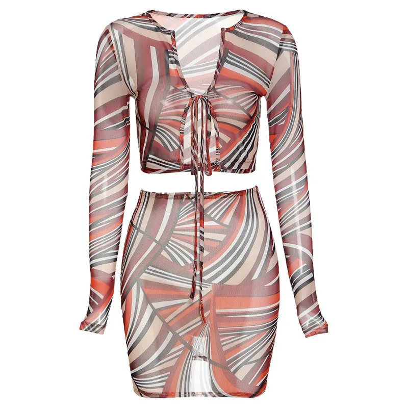 

2020 Sexy Womens Long Sleeve Mini Skirt Suit Fashion Irregular Print Lace up Exposed Navel Top and High-waist Pencil Skirt