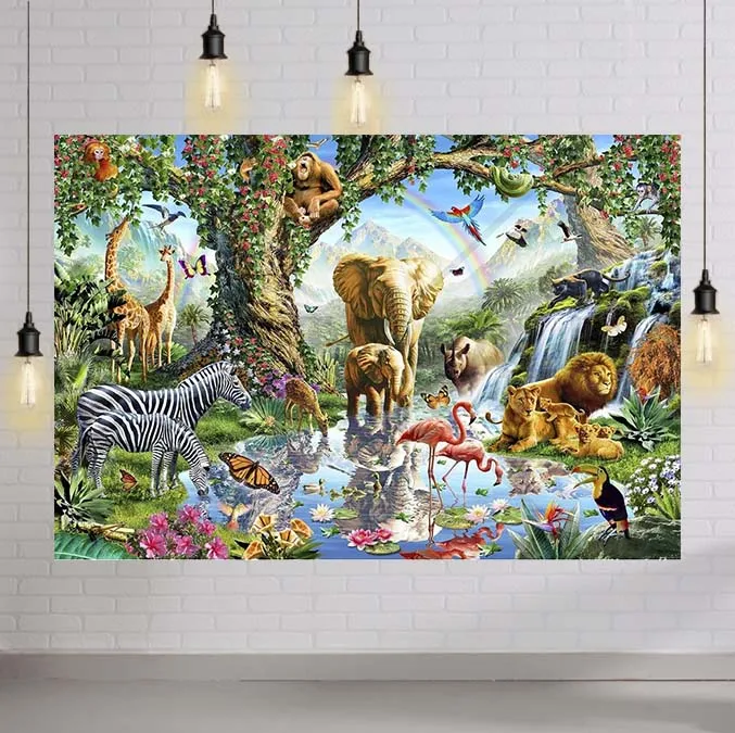 

African Jungle Safari Animals Backdrop Fairytale Woodland Pink Flamingo Tropical Wild Zoo Birthday Backgrounds Photography
