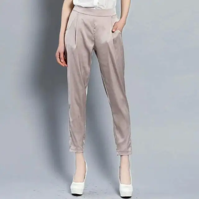 

Тяжелые шелковые брюки Harlan женские высококачественные атласные эластичные небольшие брюки-карандаш с эластичным поясом повседневные брюк...