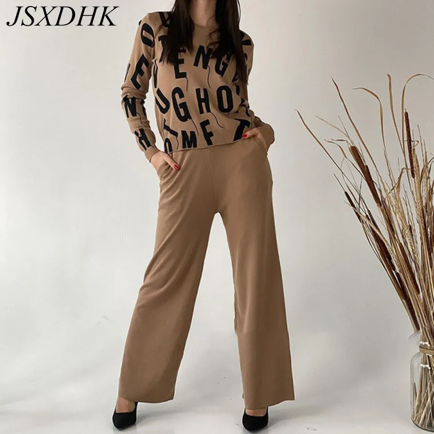 

New Autumn Winter Letter Printed Knitted Sweater 2 Piece Set Women O Neck Loose Pullover + Wide Leg Pants Suits Female Tracksuit