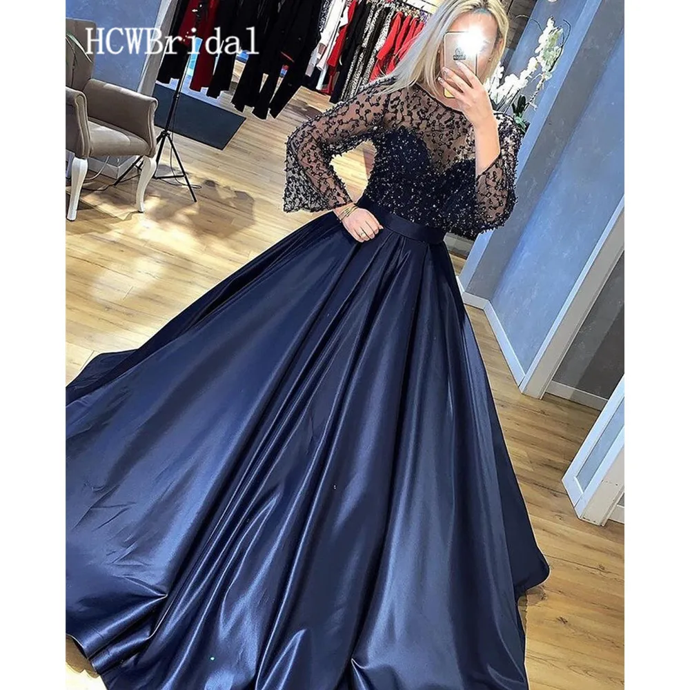 

Navy Blue Long Sleeve Formal Evening Dresses New Arrival Luxury Beading Sheer A Line Satin Occasion Women Dress Custom Made