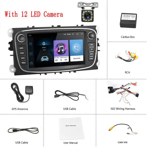 Black 12 LED Camera Camecho 2 DIN 7 ''Android 8,1 Автомобильный мультимедийный плеер gps автомобильный Радио Wifi Автомобильный плеер для Ford/Focus/S-Max/Mondeo 9/Galaxy/C-Max - Цвет: Black 12 LED Camera