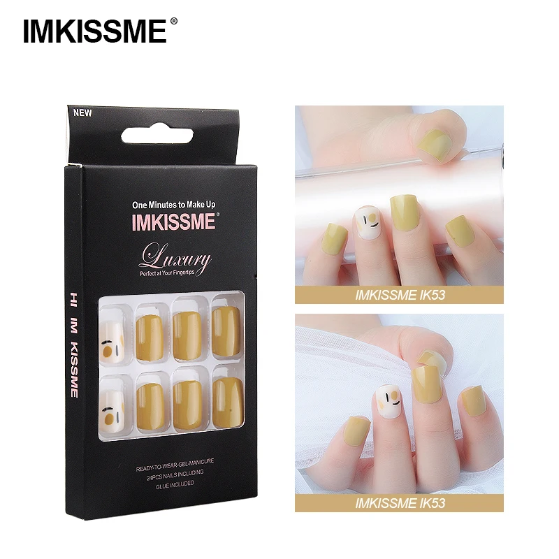 IMKISSME Yellow Fake Nails Art Tip Press on with Glue Designs Full Artificial Cover IK53 | Красота и здоровье