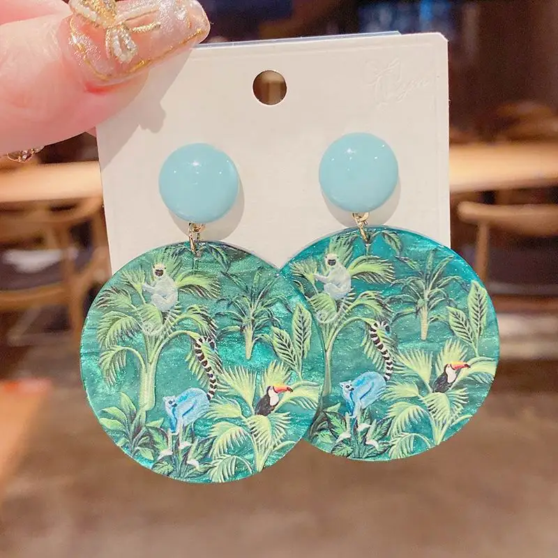 

Bohemian Green Forest Painting Big Round Resin Earrings For Women Personality Summer pendientes Jewelry Wholesale