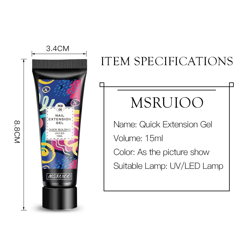 

MSRUIOO 15ml Nail Gel Extension Pure Glitter Poly Nail Gel All For Manicure Nail Art Design Nail Extension Long Lasting UV Gel