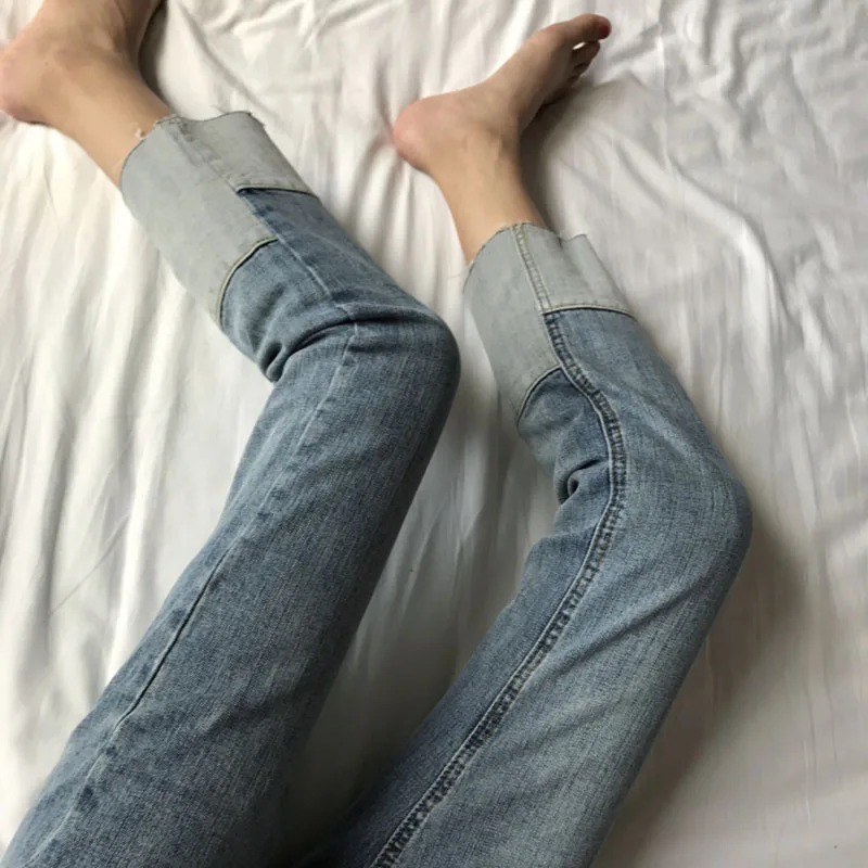 

Jeans Women Straight Ankle-Length Blue Trousers Simple All-match Loose Korean Style Bleached Vintage Elegant Leisure Denim Jean
