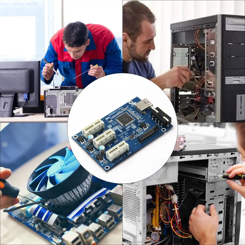 

1 Set PCI-E X1 to 4PCI-E X16 Expansion Kit 1 to 4 Port PCI Express Switch Multiplier HUB 6pin Sata USB Riser Card