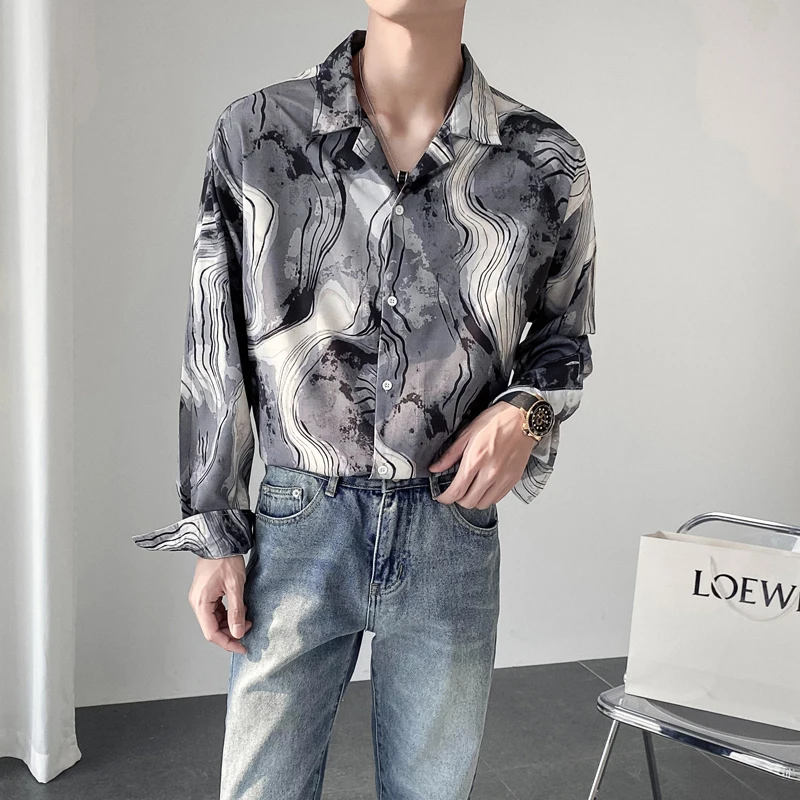 2021 Autumn Printed Shirt for Men Long Sleeve Loose Casual Shirt Korean Streetwear Social Party Tuxedo Nightclub Chemise Homme