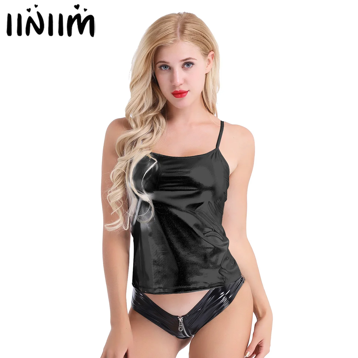 Женский Блестящий жилет из лакированной кожи на тонких бретельках металлический