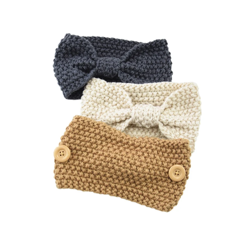 

Knitted Wool Headbands Women Headband With Button Handmade Bow Crochet Elastic Hair Band Head Wrap Solid Color Hair Accessories