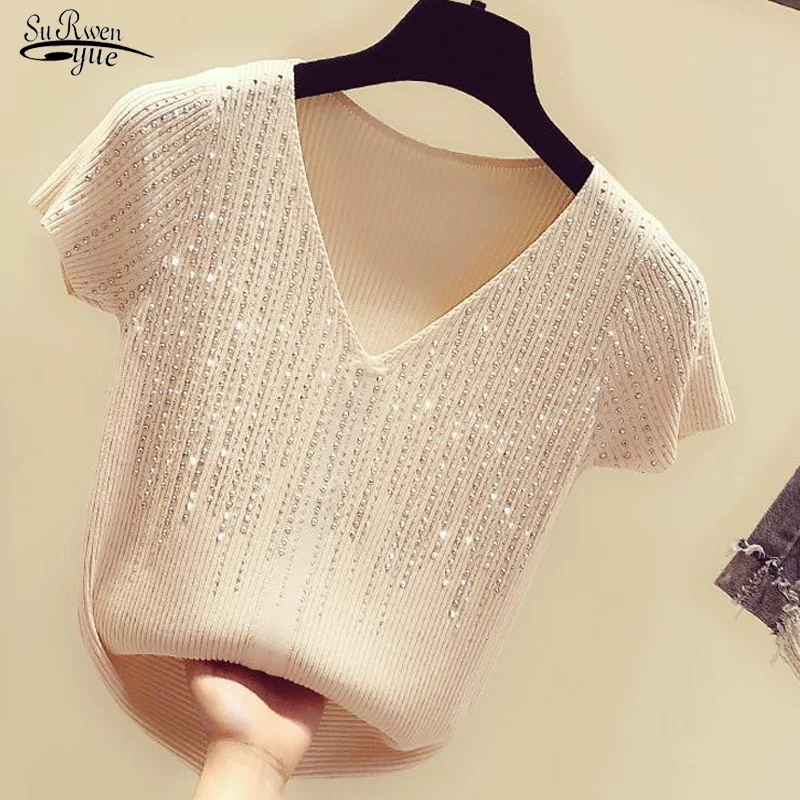 

White Tops Korean Fashion Ice Silk Shirt 2022 Summer New Sexy Short-sleeved Shirt Women V-neck Blouse Ladies Slim Blusas14423