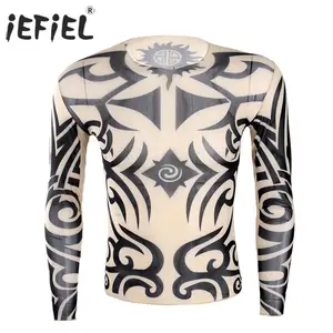 IEFiEL модные костюмы для мужчин, футболка с имитацией татуировки, эластичная прозрачная футболка с круглым вырезом, мужская одежда на Хэллоуин