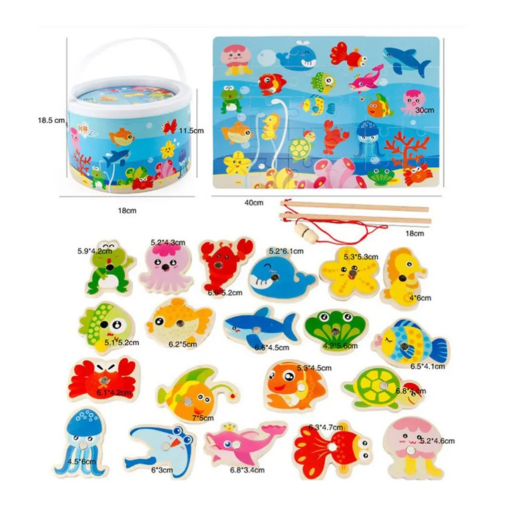 

Barreled Wooden Magnetic Fishing Toys set Baby Bath Toy Learning Education Play Set Fishing Game Kids Indoor Outdoor Fishing Toy