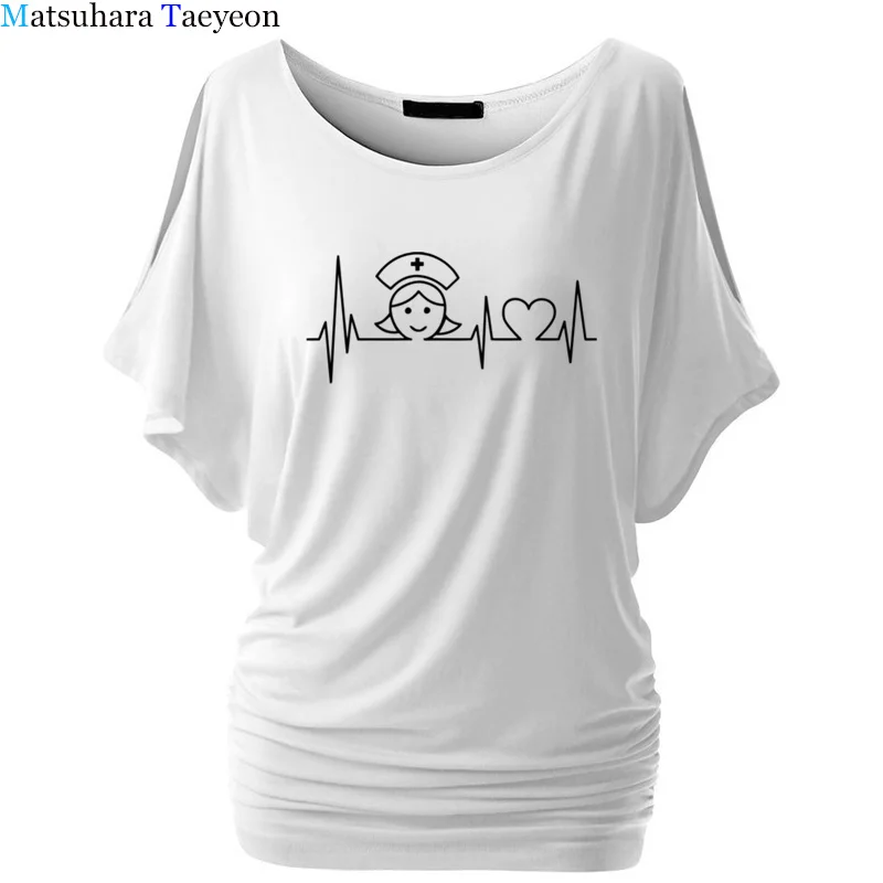 

2019 summer Casual fashion Women T Shirt Nurse Heartbeat funny cotton lady Batwing sleeve t-shirt tops tee T334