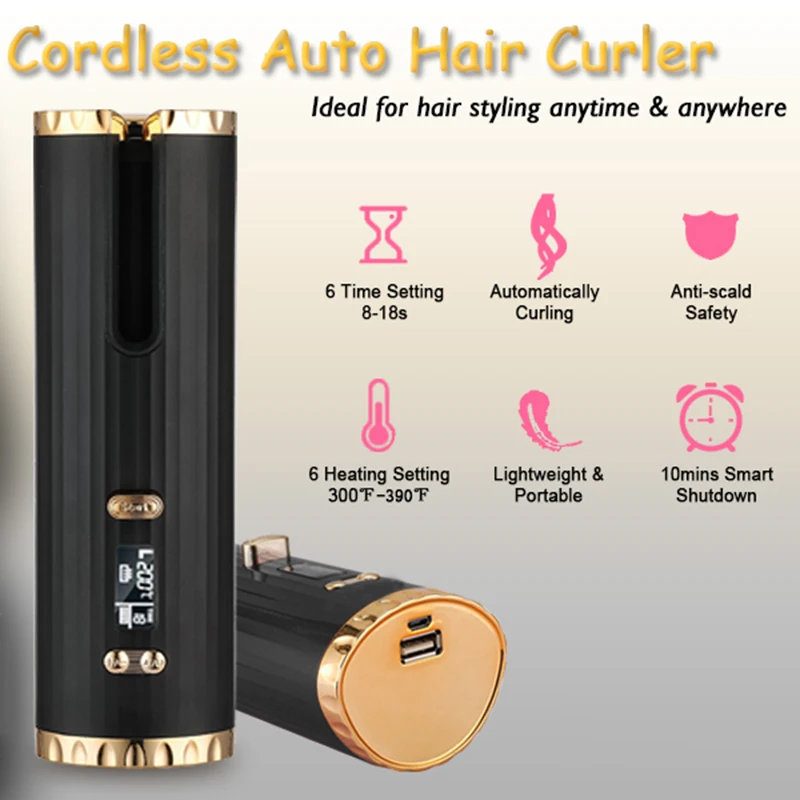 

Cordless Automatic Hair Curler USB Rechargeable Curling Iron Curls Waves LCD Display Ceramic Curly Rotating Curling Wave Styler