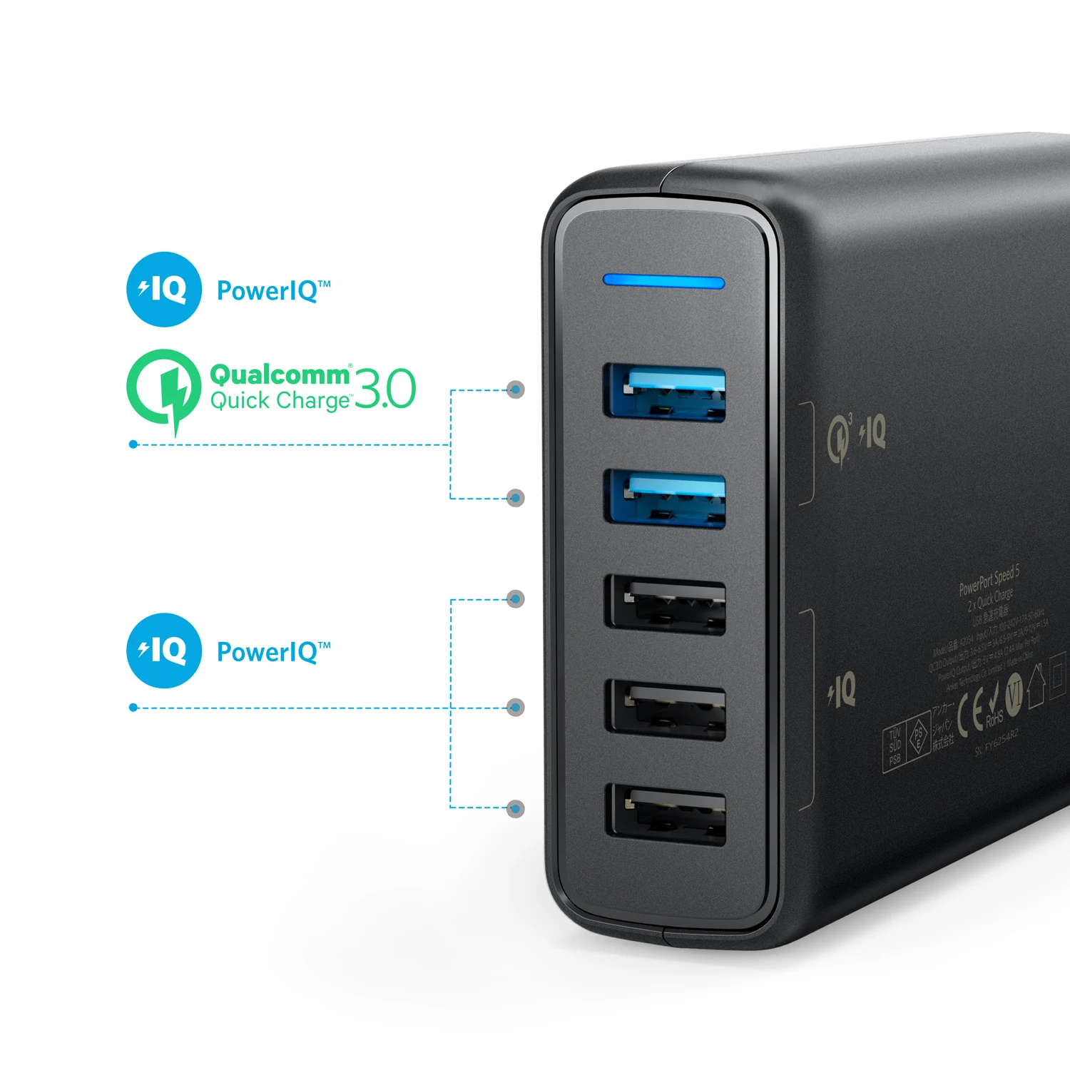 Новое Сетевое зарядное устройство Anker Quick Charge 3 0 63 Вт с 5 портами USB PowerIQ PowerPort Speed для