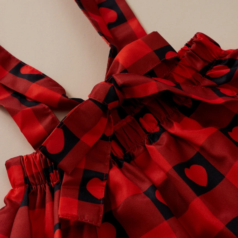 

Kids Baby Girls 2Pcs Outfit Long Sleeve Heart Tops Shirt + Red Plaid Strap Skirt Back Bow Two-piece Cute Spring Autumn Clothes