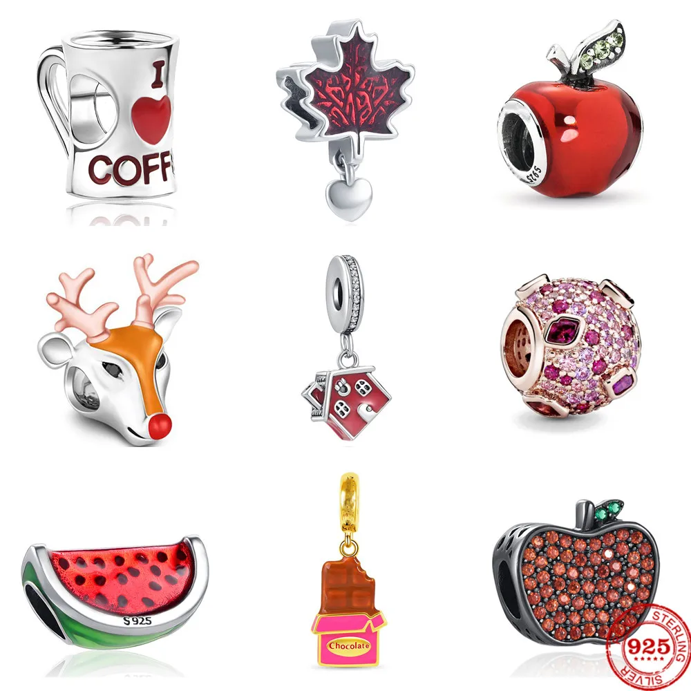 Новинка S925 Шарм в виде арбуза яблока оленя дом шоколад кофе Подходит для Pandora