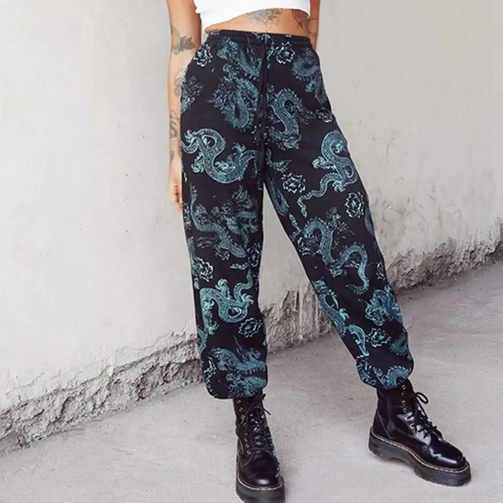 

Women Streetwear Pants Harajuku Gothic Vintage Black Harm Pant Dragon Print High Waist Casual Loose Long Trousers Female