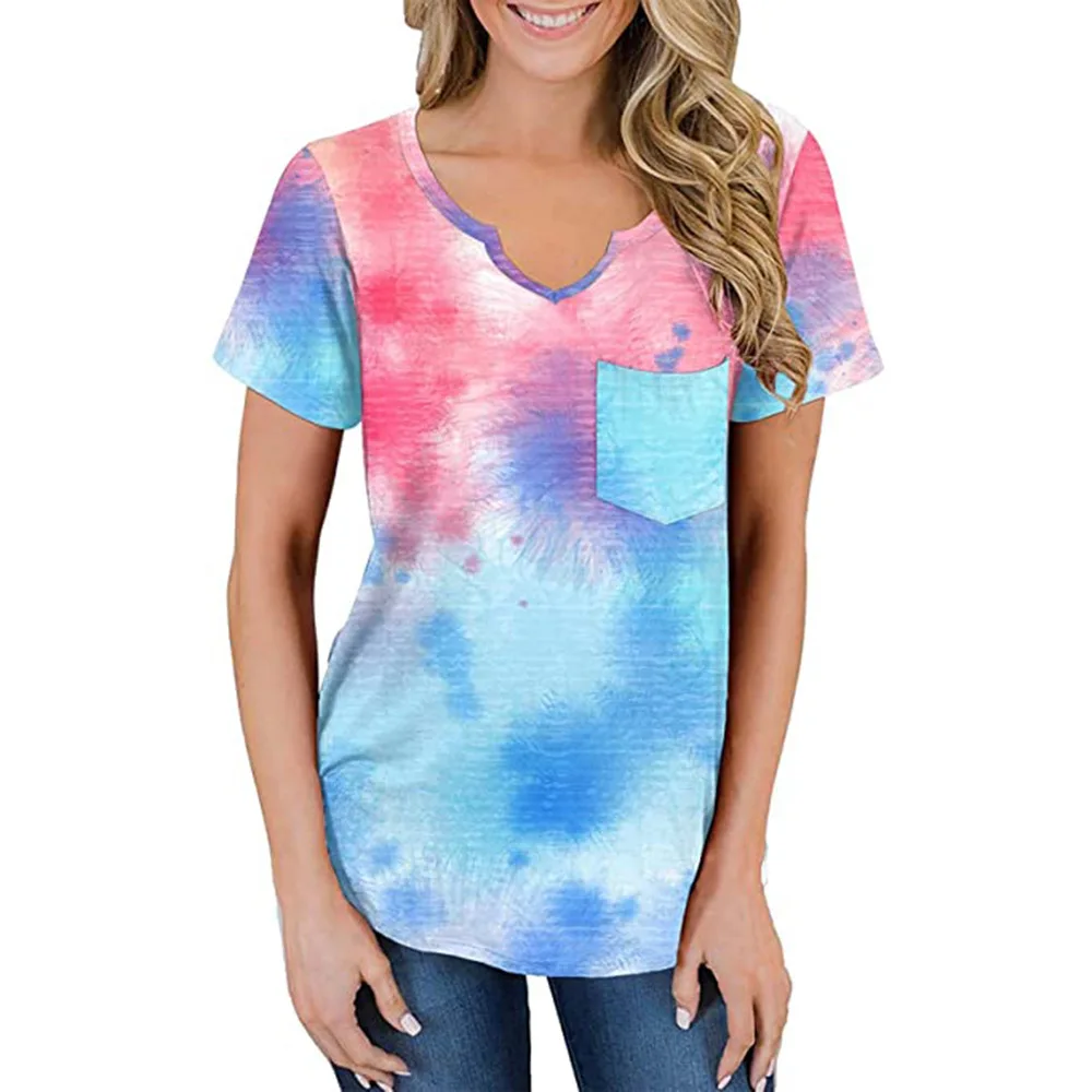 2021 Primavera y novedad de verano mujeres superior empate tinte de impresión con cuello en V de manga corta bolsa suelto camiseta para las mujeres