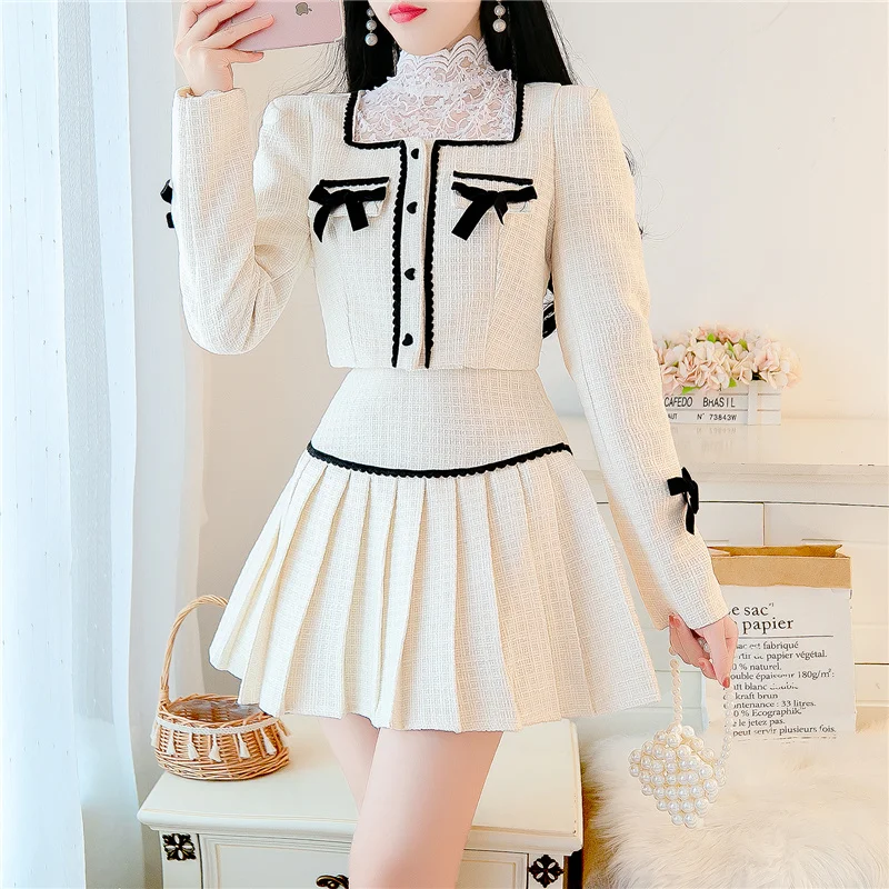 Женский твидовый костюм-двойка SWEETXUE со складками с квадратным вырезом и бантом