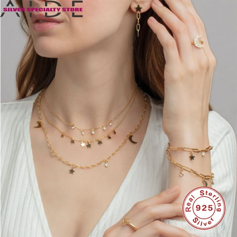 

AIDE лунный бриллиант Циркон цепочка с кулоном, 925 серебряное ожерелье для женщин 2020 Ювелирная цепочка колье-чокер Collare Bijoux (украшения своими р...