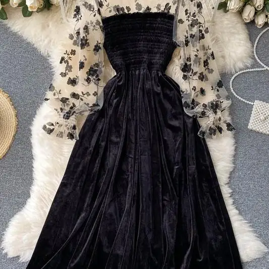 

Sexy Mesh Patchwork Midi Dress Autumn Vintage Lantern Long Sleeve Big Swing Velvet Robe Party Vestidos New 2021