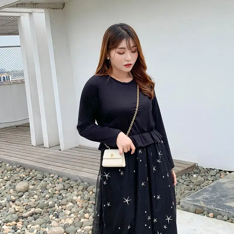 Женское платье в Корейском стиле черное Сетчатое большого размера с принтом