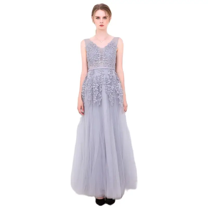 Женское длинное вечернее платье розовое или серое кружевное с вышивкой со