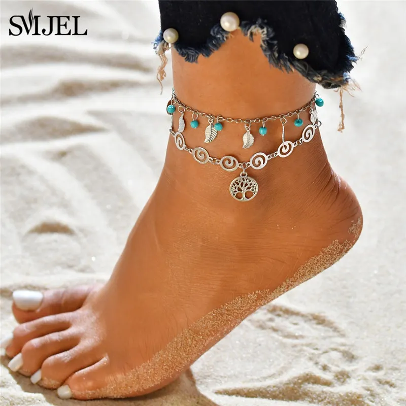 SMJEL Summer 2019 Bohemian Ocean Wave Bracelet Anklets for Women Fashion Tree of life Roubd Charm Ankle Foot Jewelry enkelbandj | Украшения