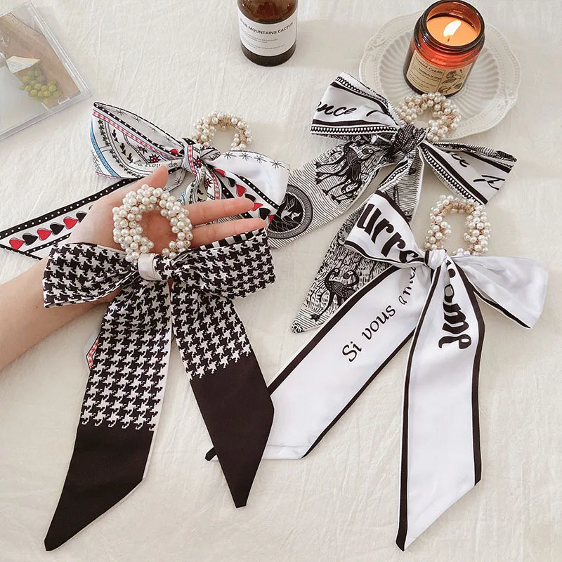 

Elegant Pearl Hair Bands Women Girls Ribbon Hairband Scrunchie Ponytail Holder Hair Accessories Elastic Rubber Rope Hair Ties