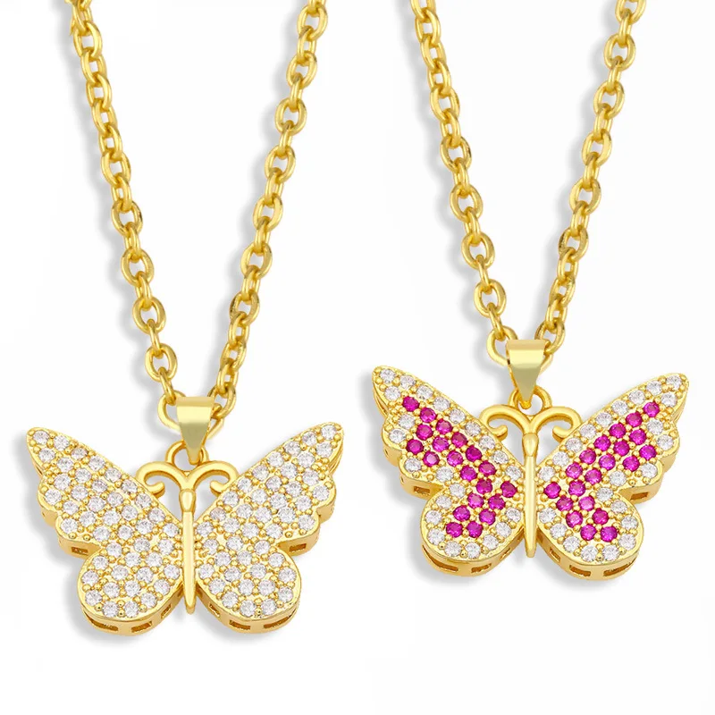 

Elegant Colorful Pave Zircon Pink Butterfly Charm Necklace Mature Women Jewelry Collar Sweater Chain Shiny Insect Pendant Choker