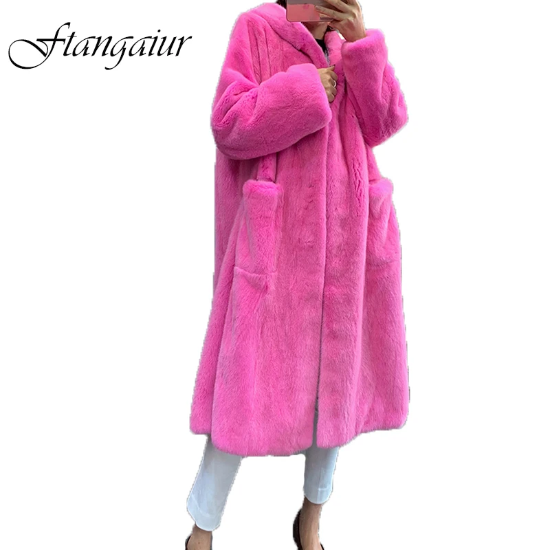 

Ftangaiur New Winter Import Purple label Velvet Mink Fur Coat With Hood Big Pockets Women X-Long Natural Real Mink Fur Coats