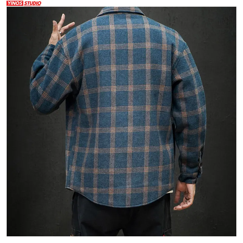 Дропшиппинг японский стиль Мужские плотные рубашки с длинным рукавом в клетку 2020