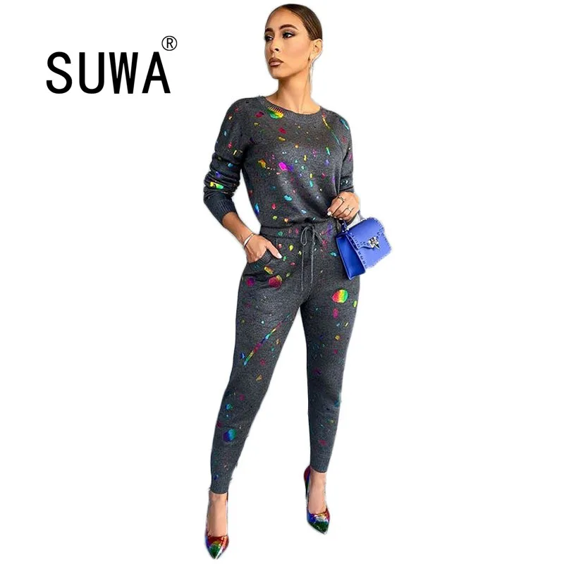 

Women Colorful Two Piece Tracksuits Chic Sweatshirt & Jogger Pants Set Spring Autumn Wholesale Clothing Streetwear