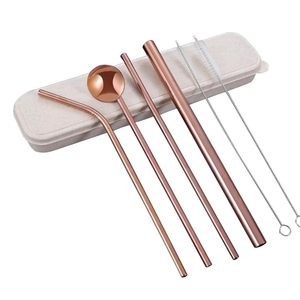 Rose Gold Красочные дома 7 шт./компл. из нержавеющей стали прямые согнутые Соломинки+ ложка+ набор кистей подставка для вина - Цвет: Rose Gold