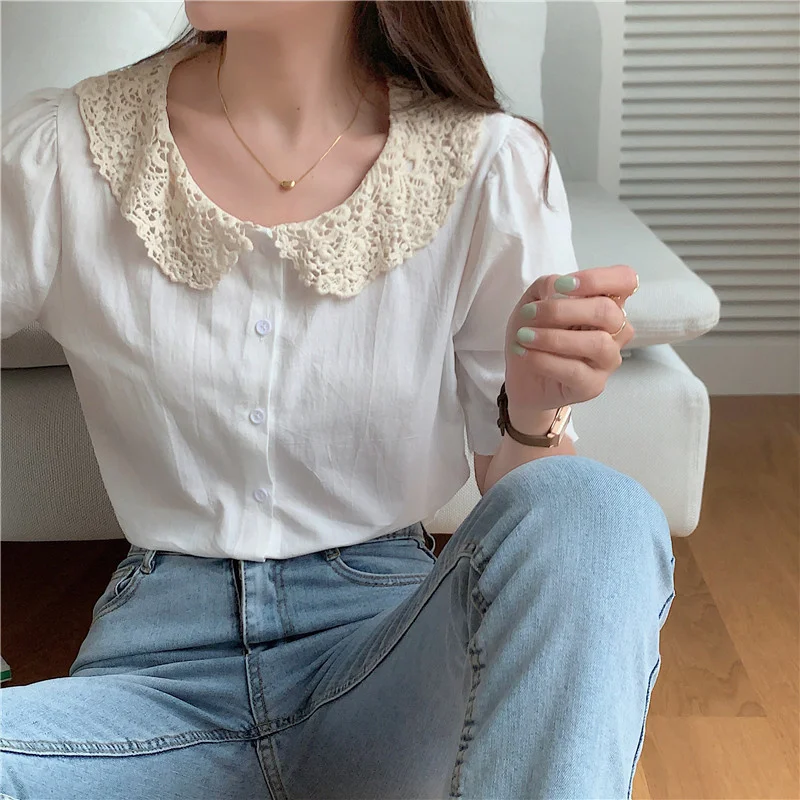 

HziriP Summer Hong Kong Style Short Sleeve Lace 2021 Gentle Peter Pan Collar Femme Chic Office Lady High Street Lapel Shirts