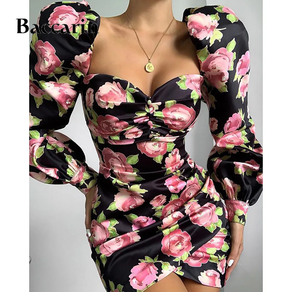 

Baccarin Square Collar Floral Print Sexy Backless Dress Chic Fashion Strapless Button Puff Sleeve Mini Dresses Fall 2020