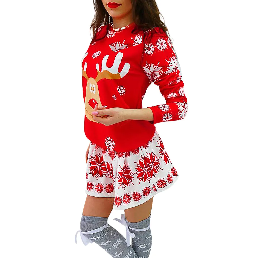 Модное женское платье с круглым вырезом рождественское мини длинным рукавом и