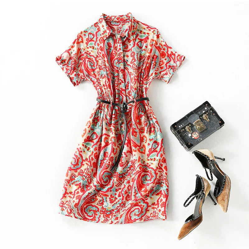 

72852 young fashion elegant cashew print 100% silk short sleeve dress with belt silk skirt