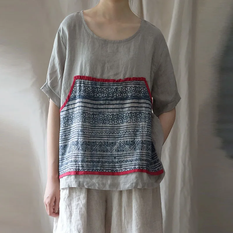 Vintage Floral Print Patchwork Pocket Women Top 2019 Summer New Casual Fashion O-neck All-match Short Sleeve | Тематическая одежда