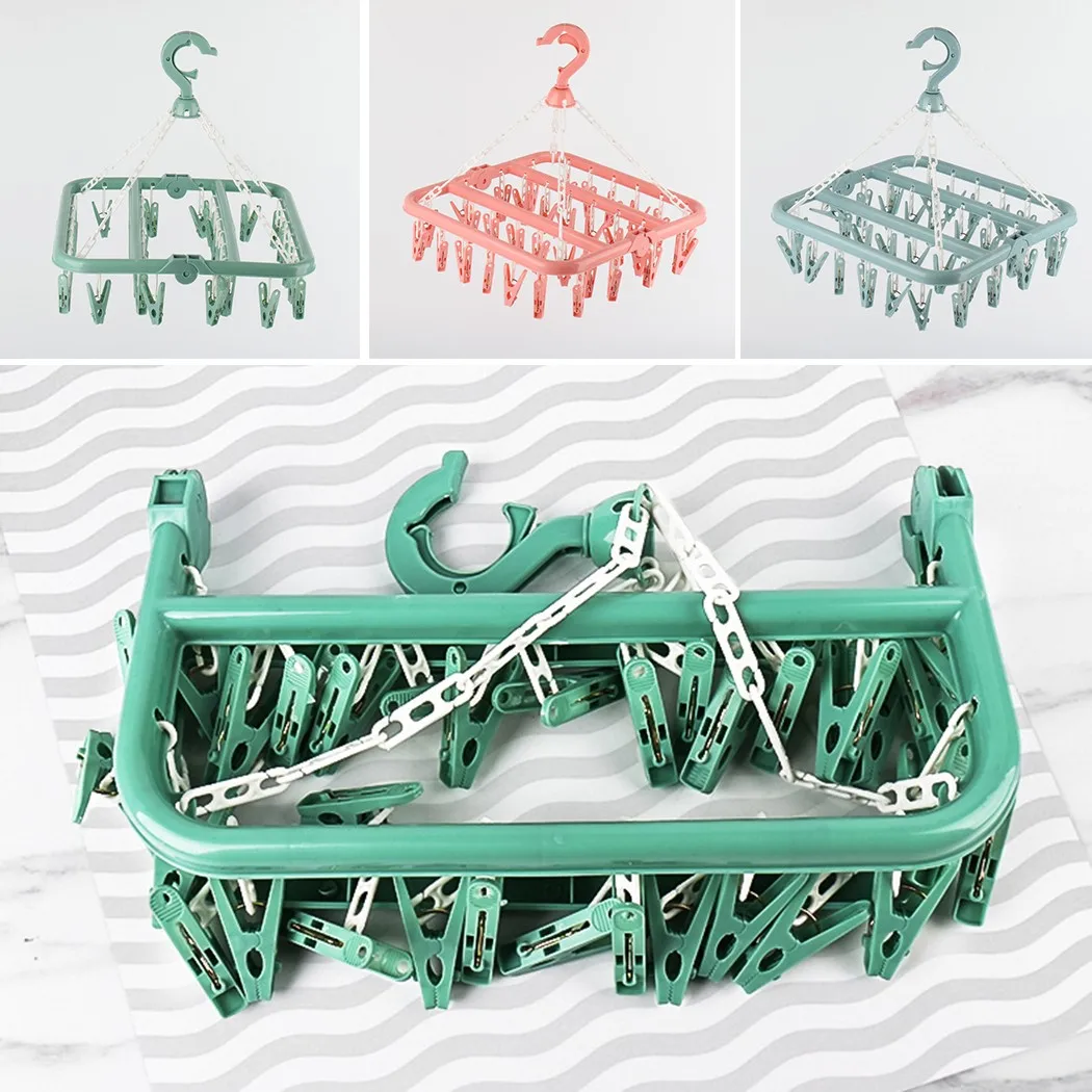

Household Folding Clip Hanger With 32 Drying Clips Multifunctional Plastic Drying Rack For Socks Underwear Towel Balcony Clip