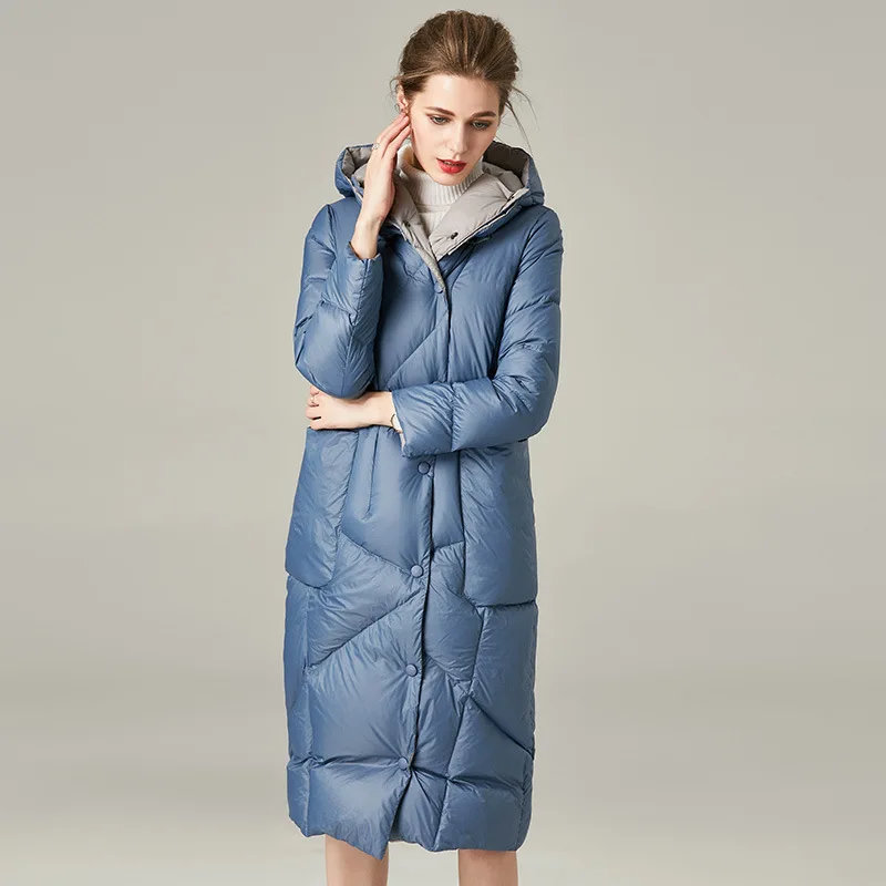 Warm And Light Fashion Winter Hot Sale Long Style Down Coats Black/Blue Hooded Loose Women Clothing With Pockets Femme Veste