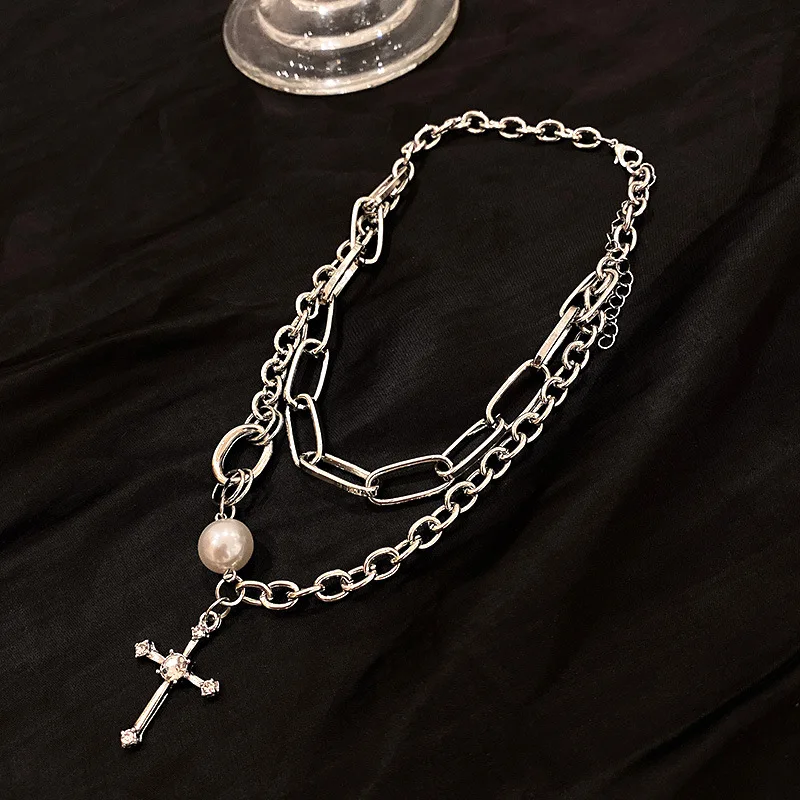 

Origin Summer Exaggerated Double Layered Chunky Chain Cross Necklaces for Women Hollow Circle Link Pearl Pendant Necklace