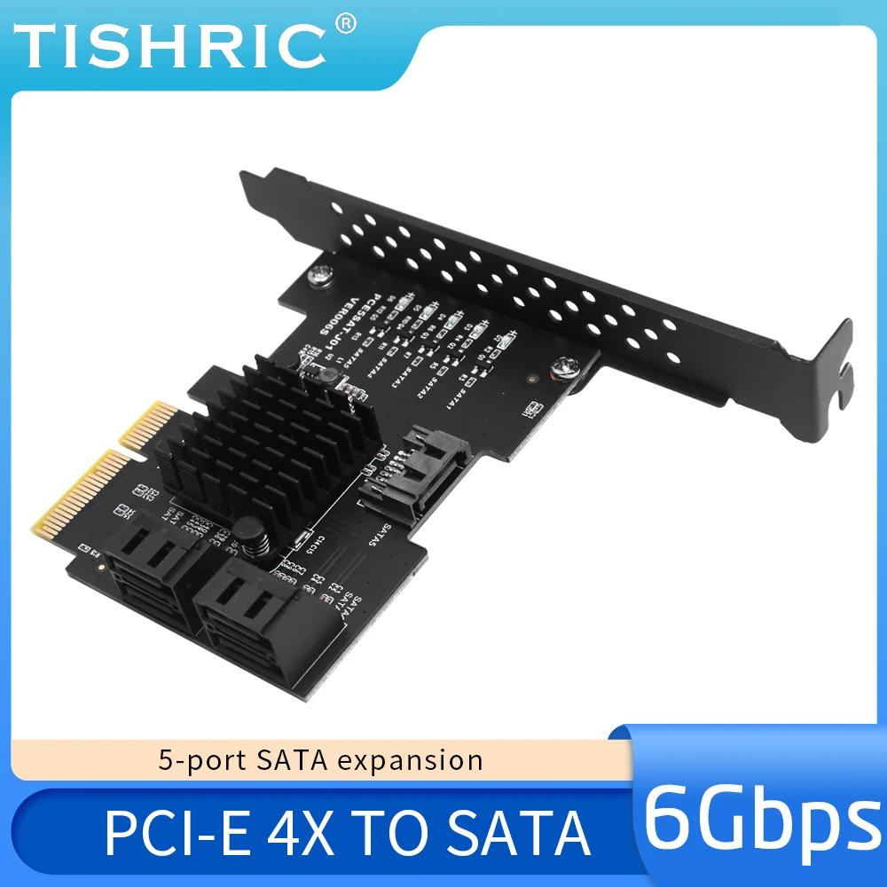 TISHRIC SATA Expansion Card Pcie 4X To 5 Port Sata Pcie 3.0 Video Card Adapter Card With Led Lights For BTC Miner Mining